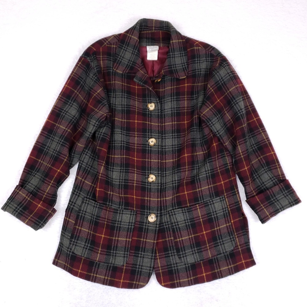 VTG Jacklyn Smith Wool Plaid Coat Size 8 Burgundy Gray Rustic Dark Academia Fall